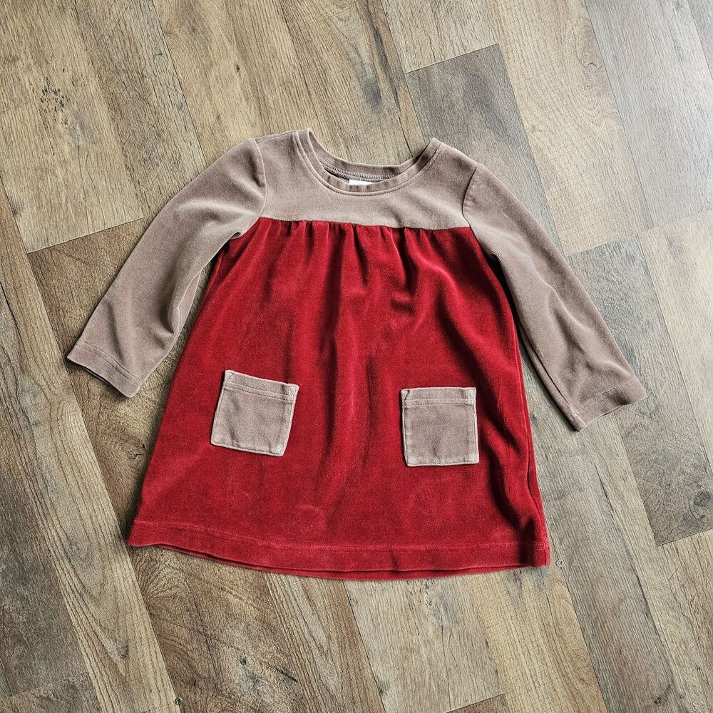 Hanna Andersson Girl Red & Beige Velour Dress Size 90cm 3T EUC